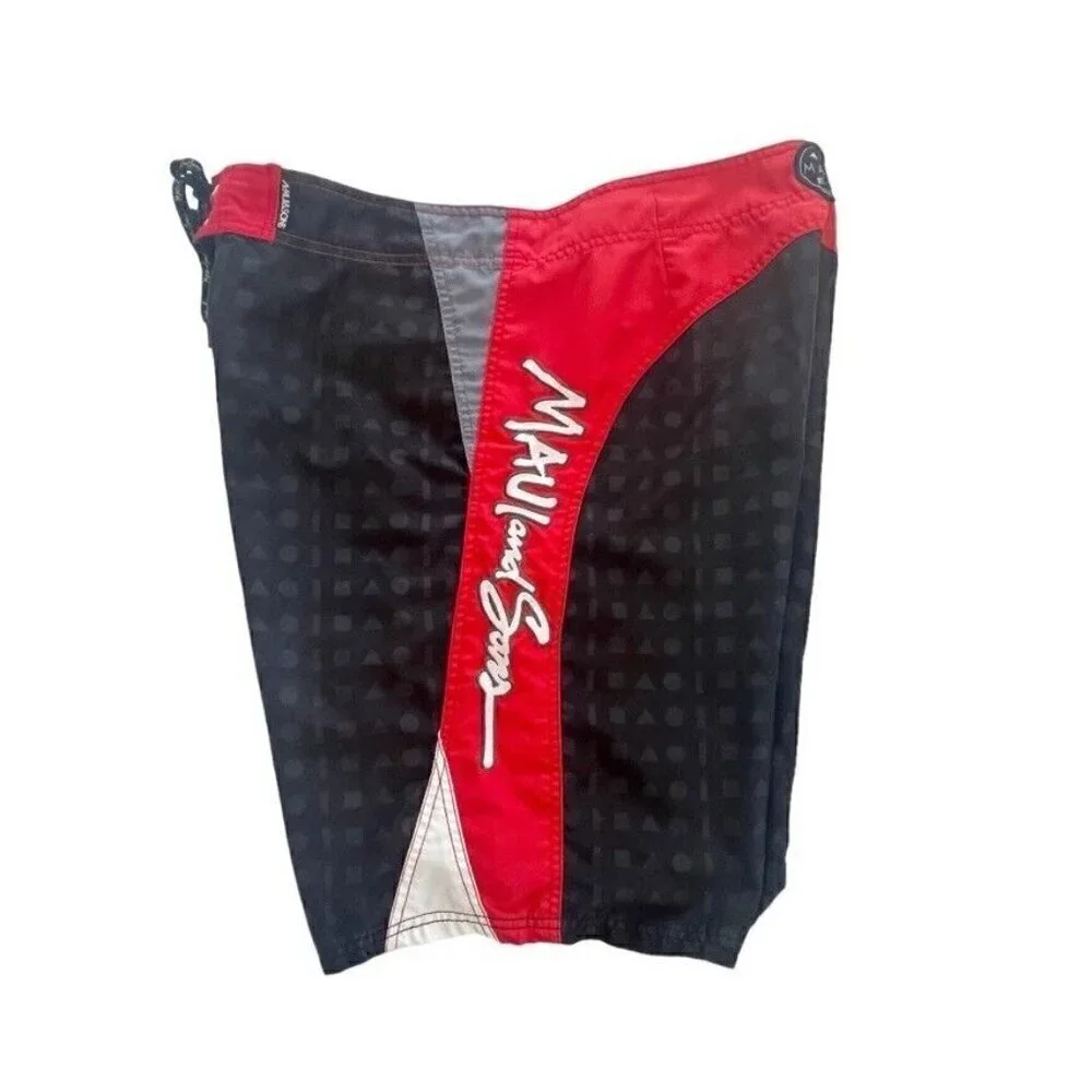 Maui And Sons Men's Sz 38 Black Red White Board Shorts Boardshorts Geo Print